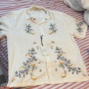 Summer Linen Blend Men's Short-Sleeve Shirt - Cream with Yellow Floral Print